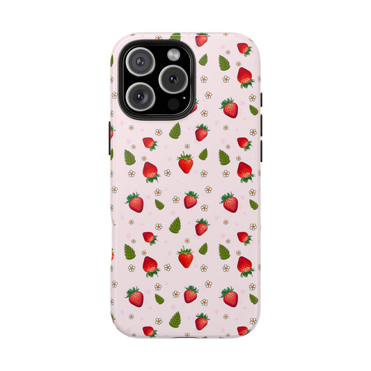 Strawberry Blossom Phone Case, Cute Tough Case, Floral iPhone Cover, Gift for Her, Summer Accessory, Stylish Tech Protection