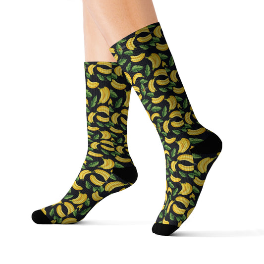 Banana Patterned Sublimation Socks, Fun Fruit Socks, Unique Gift, Summer Vibes, Casual Style, Eco-Friendly Fashion